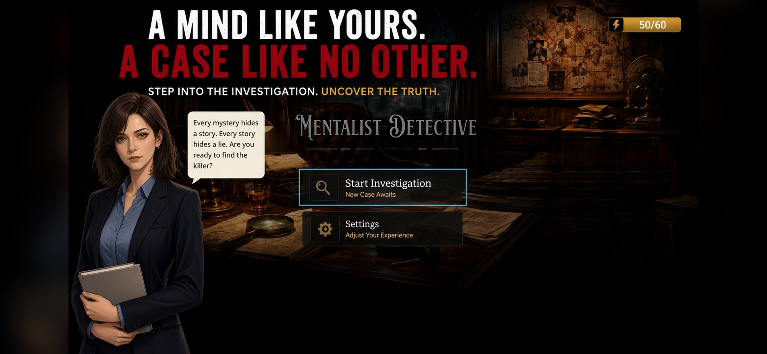 Revised Mentalist Detective title hub with the same main menu and case start options.